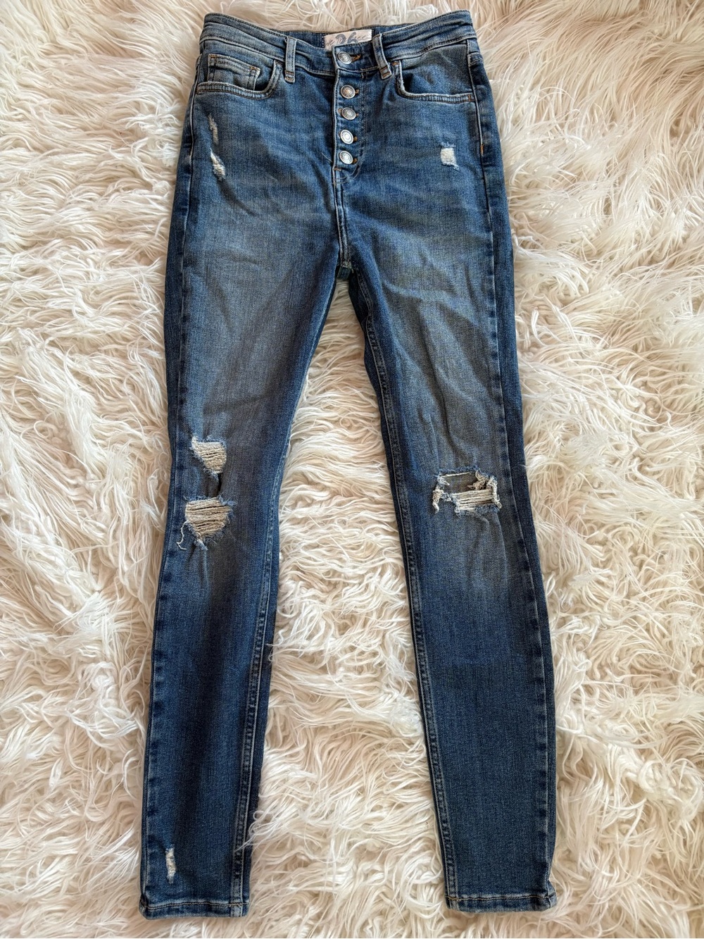 We The Free Free People Sabrina Distressed Button Fly Skinny Jeans Blue 26